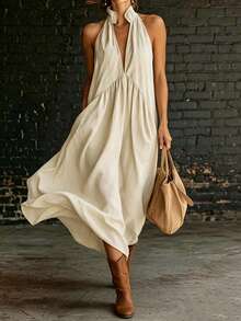 HUTENER Women's Vintage Halter Neck Slim Fit Long Dress, Solid Color Casual Relaxed V-Neck A-Line Skirt, Music Festival / Daily / Home / Party Outfit, Spring/Autumn - Apricot - View 3
