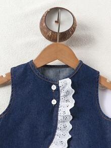 Baby Girls Casual Minimalist Patchwork Lace Decor Denim Vest Top And Wide Leg Denim Shorts Set, Infant Toddler Clothing, Suitable For Daily Wear Or Outings, School, Travel, Festival Parties - Dark Wash - View 3