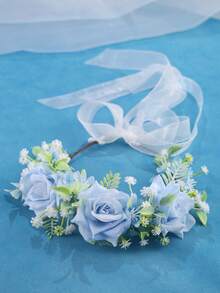 KOVLYNE 1pc Handmade Light Blue Rose Headpiece - Fresh Green Princess Party Flower Crown With Transparent Ribbon, Suitable For Bridal Wedding, Fairy Photography And Summer Occasions - Baby Blue - View 1