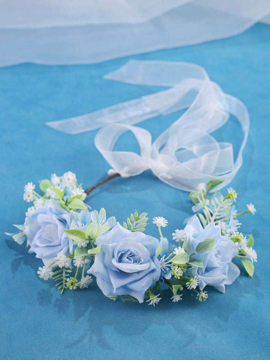 KOVLYNE 1pc Handmade Light Blue Rose Headpiece - Fresh Green Princess Party Flower Crown With Transparent Ribbon, Suitable For Bridal Wedding, Fairy Photography And Summer Occasions - Baby Blue - View 1