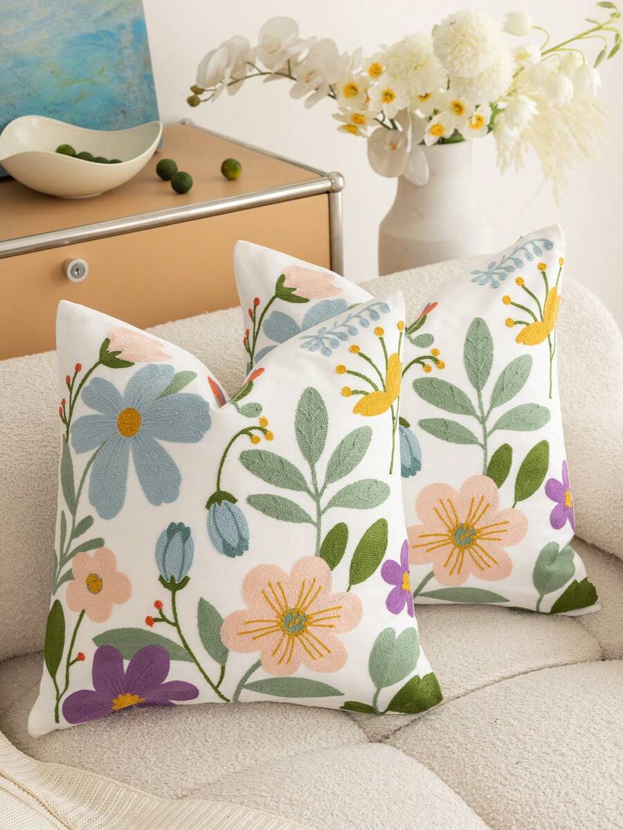 1pc Modern Pastoral Colorful Floral 3D Embroidery INS Style Countryside B&B Embroidered Soft Washable Machine Washable Versatile Decorative Throw Pillow Cover For Sofa Bedroom Living Room Home Decor - Colorful Flowers - View 1
