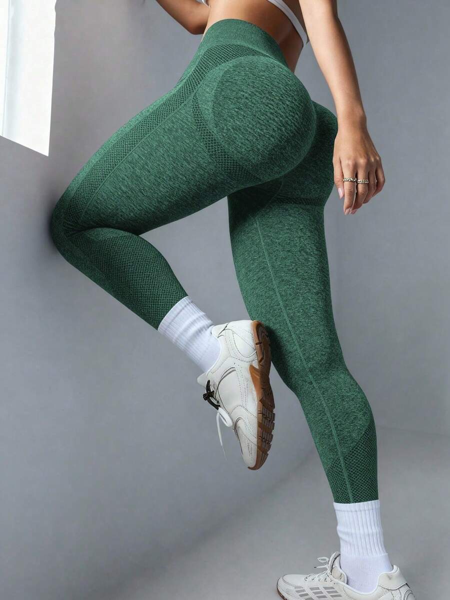 Easithlete Leggings de yoga Leggings deportivas de control de barriga de estiramiento alto inconsútil - Verde Oscuro - Ver 1