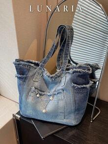 New Fashion Street Chain Decorated Jeans Tote Bag Versatile Commuting Large Capacity Raw Edge Design Shoulder Bag Shopping Commuting Back To School - Multicolor - View 8