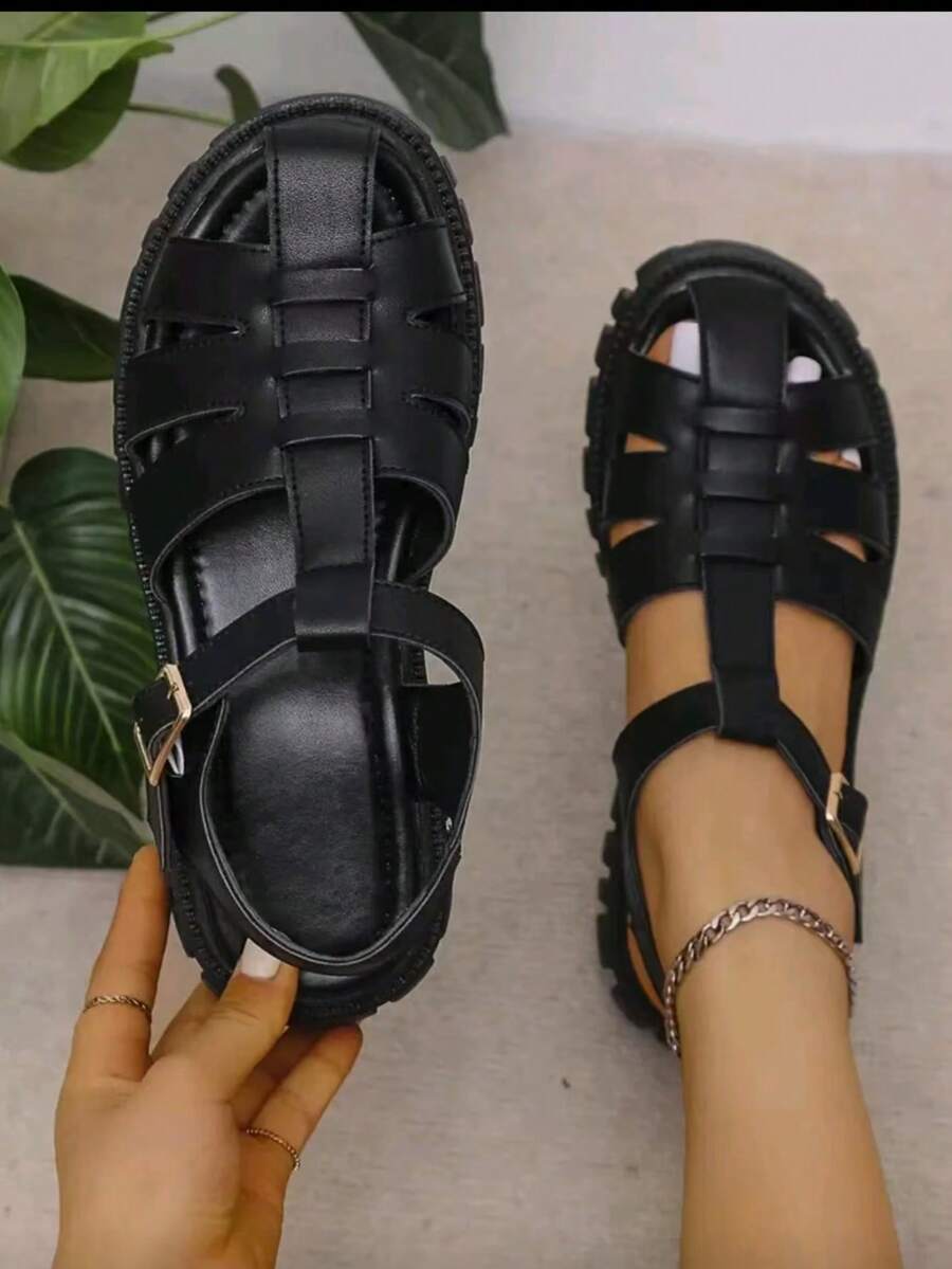 Damen schwarze Punk-Stil Keilsandalen mit Schnalle, einfarbig, mit Riemendetails, Frühling/Sommer Outfit - Schwarz - Übersicht 1