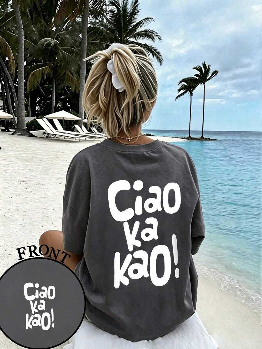 青少年女孩度假風印花T恤，適合旅行與度假穿著，時尚春夏休閒百搭上衣 - 深灰色 - 查看 1