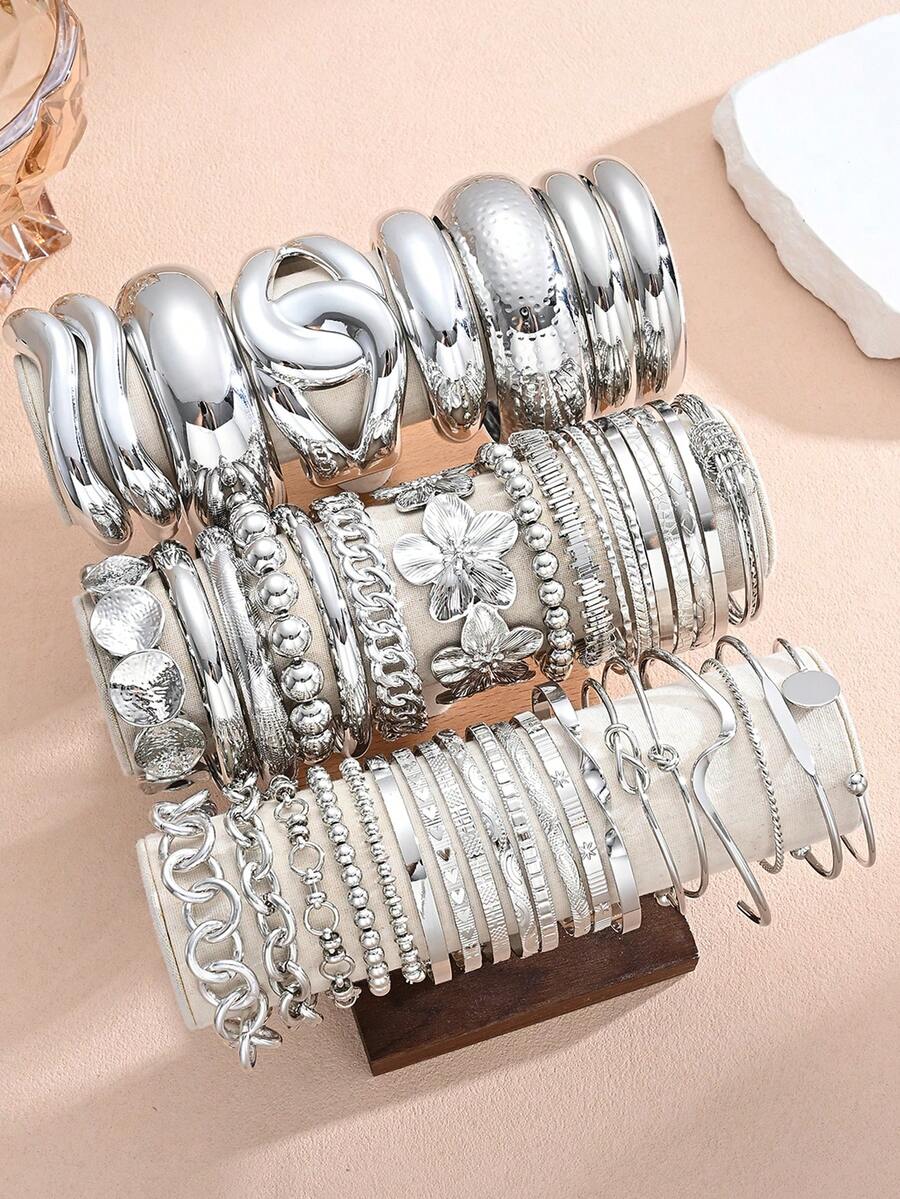 5/15/30pcs Punk Old Money Style Silver Flower Geometric Thick Bangle Set, Women's Beach Party Gift (Random Style) - Silver - View 1
