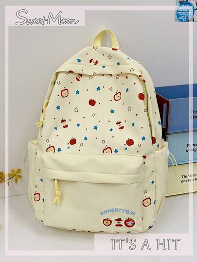 1 chiếc ba lô nylon màu vàng phong cách thường ngày tươi mới họa tiết hoạt hình sao táo thêu chữ nhiều ngăn khóa kéo dung tích lớn có thể gấp gọn, phù hợp cho trang phục mới mùa xuân/hè, hoàn hảo cho đi học, du lịch, mua sắm, hẹn hò, làm quà tặng, dành cho phụ nữ, nữ sinh tuổi teen, nữ sinh đại học, đại học, đi làm, kinh doanh, đi lại, hoạt động ngoài trời, du lịch, dã ngoại, di động, dung tích lớn