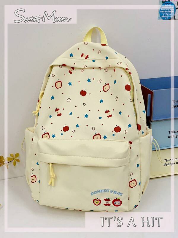1 pieza Mochila plegable de nylon amarillo, estilo casual fresco, con patrón de estrella de dibujos animados y manzana, bordado de letras, múltiples bolsillos, cierre de cremallera, gran capacidad, adecuada para nuevos atuendos de primavera/verano, perfecta para la escuela, viajes, compras, citas, regalos, mujeres, adolescentes, estudiantes universitarias, universidad, trabajo, negocios, transporte, actividades al aire libre, viajes, salidas, portátil, gran capacidad