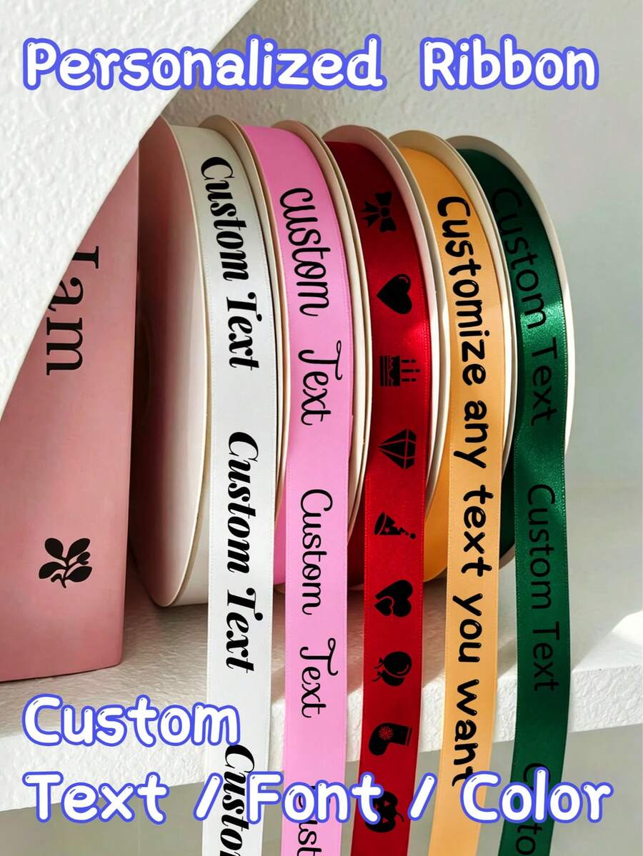 Cinta de satén personalizada con texto de 2/5/10/20 metros, 2 cm de ancho, blanca/rosa/roja/dorada, para manualidades DIY, decoración de bodas, fiesta/cumpleaños/bodas/aniversario, envoltura de regalos, cinta de regalo personalizada para vacaciones, cinta para flores, envoltura de pasteles, hacer lazos - Multicolor - Ver 1