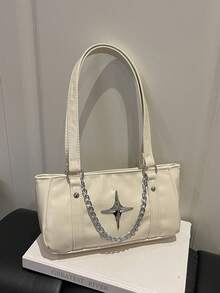 1pc White Summer New Metal Star Hardware Chain Decor Solid Color PU Baguette Bag Women's Shoulder Bag - White - View 2