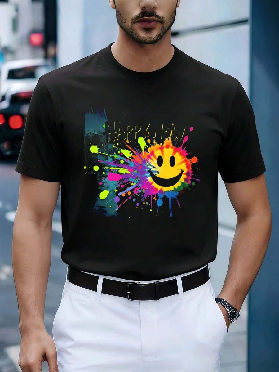 M En's Graphic T-S HIR T, Spring, SofT Otton, Crew Neck, Relaxed Fit, Hip-Hop Street Style - 黑色 - 查看 1