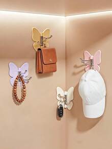 1pc Rotating Butterfly Triple Hook Adhesive Wall Mount Corner Storage Organizer For Bedroom Kitchen Bathroom Home Decor Space Saving Solution - Multicolor - View 6