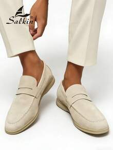 Salkin Mocassins Penny de luxe pour hommes, couleur crème unie,  , chaussures décontractées, design classique, luxe abordable pour la vie moderne, mocassins doux, confortables, respirants, semelle durable, chaussures élégantes pour gentleman, polyvalentes pour costumes, étudiants, rentrée scolaire, style preppy, chaussures formelles d'affaires pour hommes, bureau, fête, banquet, mariage, chaussures de marié à la mode, toutes saisons, veuillez choisir une taille plus grande - Blanc - Voir 12