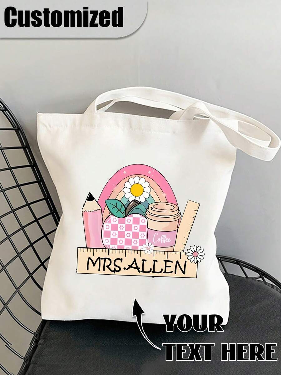 Pencil Print Polyester Custom Name Tote Bag - Casual Style, Lightweight,Open Closure,Daily Commute Bag With Printed Design, Travel Storage Bag - Multicolor - View 1