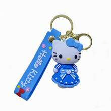 Miniso Hello Kitty 藍色包包掛飾鑰匙圈，可愛角色吊飾附矽膠繩與金色環，適用於背包、錢包、手提包、鑰匙，學校與旅行禮物 - 藍色的 - 查看 6
