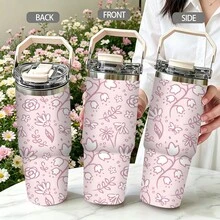 1pc/5pcs 30oz Stainless Steel Insulated Tumbler, Pink Floral Print, Keeps Cold And Hot. Equipped With Leak-Proof Lid, Straw And Portable Handle, Suitable For Indoor Daily Use And Outdoor Travel, A Delicate Birthday Gift For Floral Lovers. - Light Pink - Small Flowers - View 4