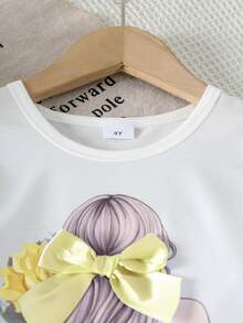 2pcs/Set Young Girls Figure & Floral Print T-Shirt + Solid Color Bow Decor Elegant A-Line Skirt Set, Summer - Yellow - View 3