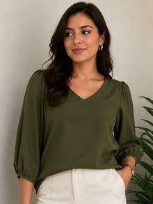 3/4 Length Polyester Blouse, Contrast Knit, Sizes M To XL, Perfect For Daily Wear, Holidays, Office, Home, And Autumn. - 軍綠色 - 查看 1