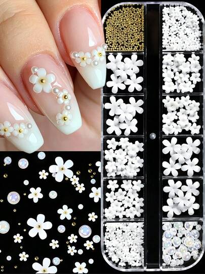 Bộ trang trí móng tay 12 ô 3D hoa 5 cánh màu trắng, mix ngọc trai, hạt kim loại vàng, hạt caviar, charm hoa đính đá cho DIY làm móng và tips móng tay