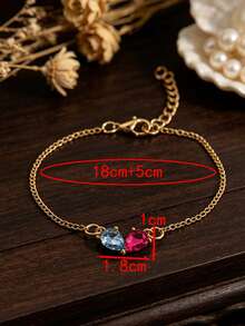 Vintage Palace Style Colorful Gemstone Teardrop Bracelet, Luxury Contrast Color Artificial Diamond French Elegant Thin Chain Bracelet, Women's Fashion Bracelet - Gold - View 6