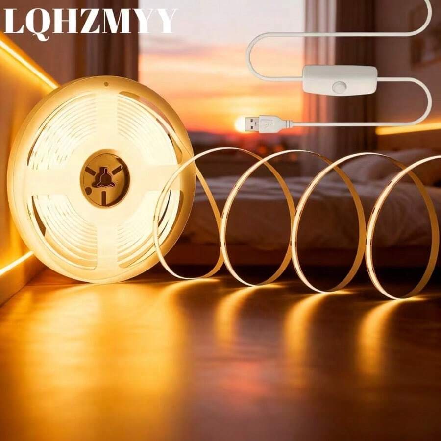 LQHZMYY 0.3 Meters To 5m Flexible COB LED Light Strip With Physical Button Switch And Adhesive Backing, Self-Adhesive Backplate For Easy Installation, Cuttable To Any Length, Suitable For Mirror, TV Backdrop, Picture Frame, Cabinet, Home Decor, DIY Lighting And Office Decoration