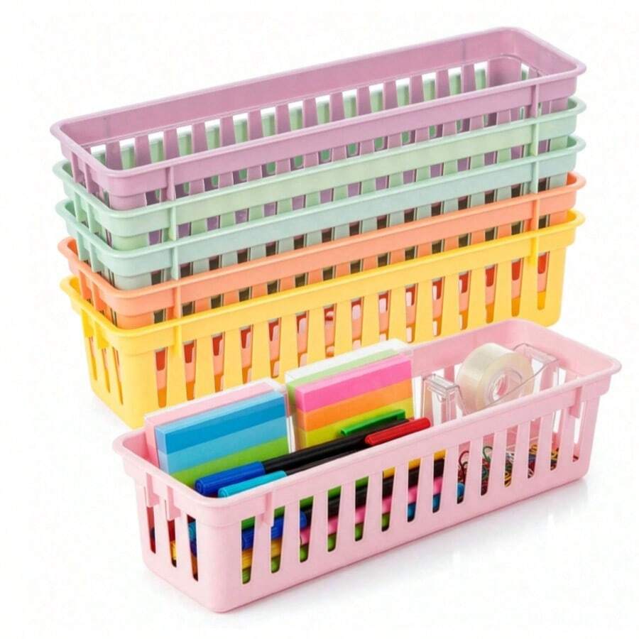 1/6Pcs 25.5*7.5*6cm Morandi Solid Color Plastic Storage Basket, Open Rectangular Desktop Stationery Pen Holder Organizer, Durable Tidy Caddy For Homeschool, Classroom & Office, Great Back To School Gift For Teachers And Students. School Supplies - Multicolor - View 1