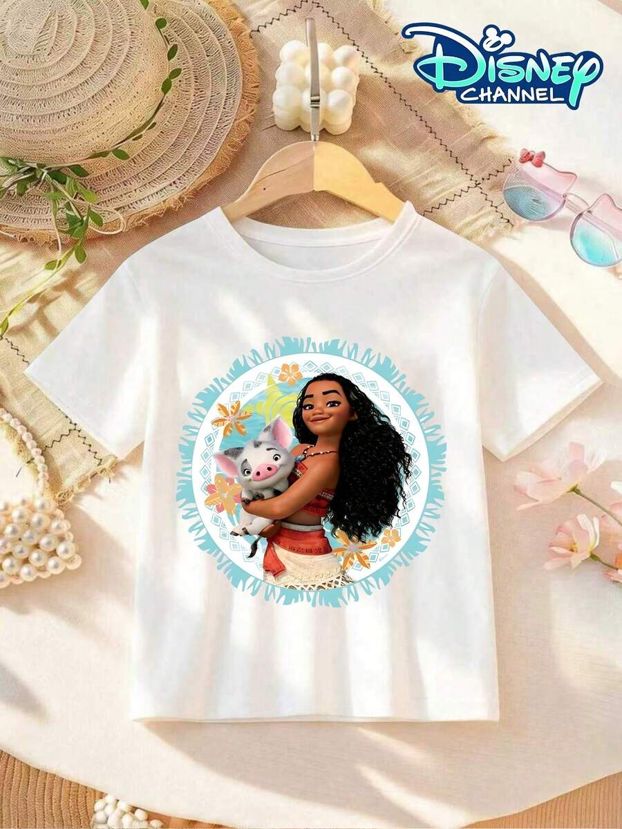 Official Disney Pastel Fringe Circle Moana Loose Fit Girls Cotton Tee, Ideal Outfit For Little Girls Hawaiian Birthday Party Casual Short Sleeve. - 白色 - 查看 1