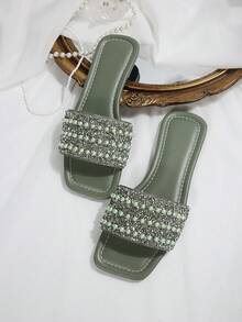 1 Pair Plus Size Black 3-Row Bead Fashion Elegant Solid Color Party New Style Luxury Non-Slip Outdoor Vacation Beach Comfortable Versatile Rhinestone Pearl Flat Square Toe Open Toe Indoor Home Slippers 41-43 Daily Women's Plus Size - Army Green - View 6
