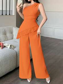 abyoxi Women's Pea Green Sleeveless Ruched Waist Lace Patchwork Asymmetric Hem Top With Wide Leg Pants 2-Piece Set, Sexy & Elegant, Suitable For Work Commute - Orange - View 3