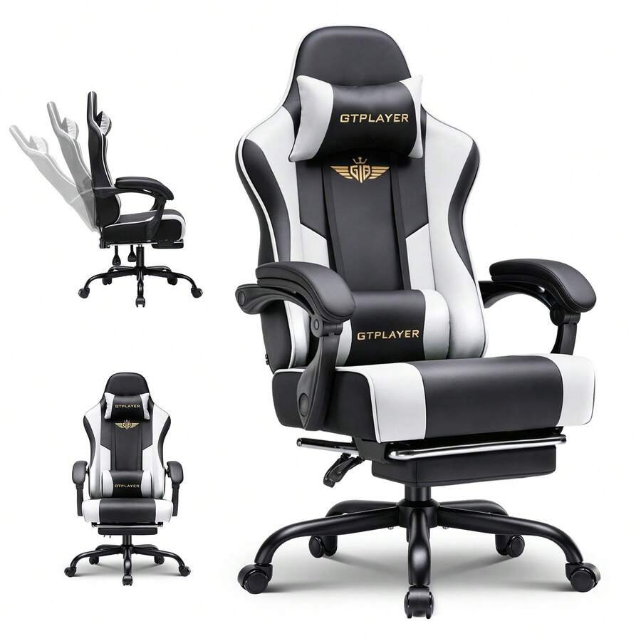 Gaming Chair For Adults Computer Chairs With Footrest Headrest And Lumbar Support Ergonomic Height Adjustable Reclining PC Chair - White - View 1