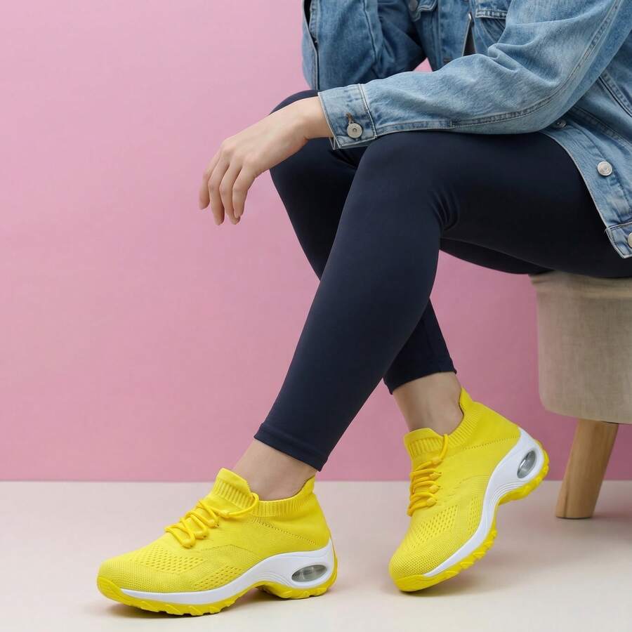 Pantofi sport casual tip șosetă pentru femei, gri deschis, din tricot, slip-on cu șiret, cu pernuță de aer și absorbție a șocurilor, ușori și respirabili, pantofi de dans