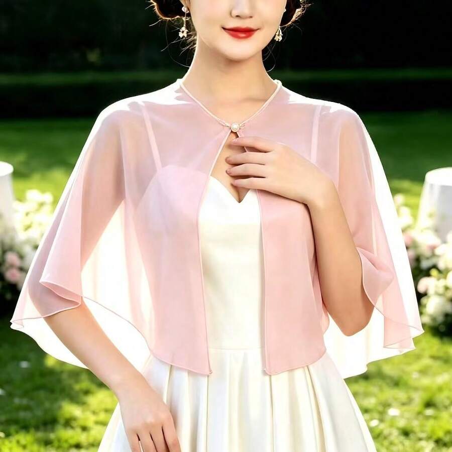 1件新娘婚禮披肩式短外套 珍珠雪紡披肩 時尚百搭 高質感 涼感 防曬 薄款披肩 - 淺粉色 - 查看 1