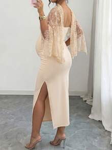 2pcs Maternity Dress Set, Champagne Lace Shawl Fitted Bodycon Midi Dress, Slimming Elegant Elegant Pregnancy Party Date Fitted Long Dress Summer - Apricot - View 2