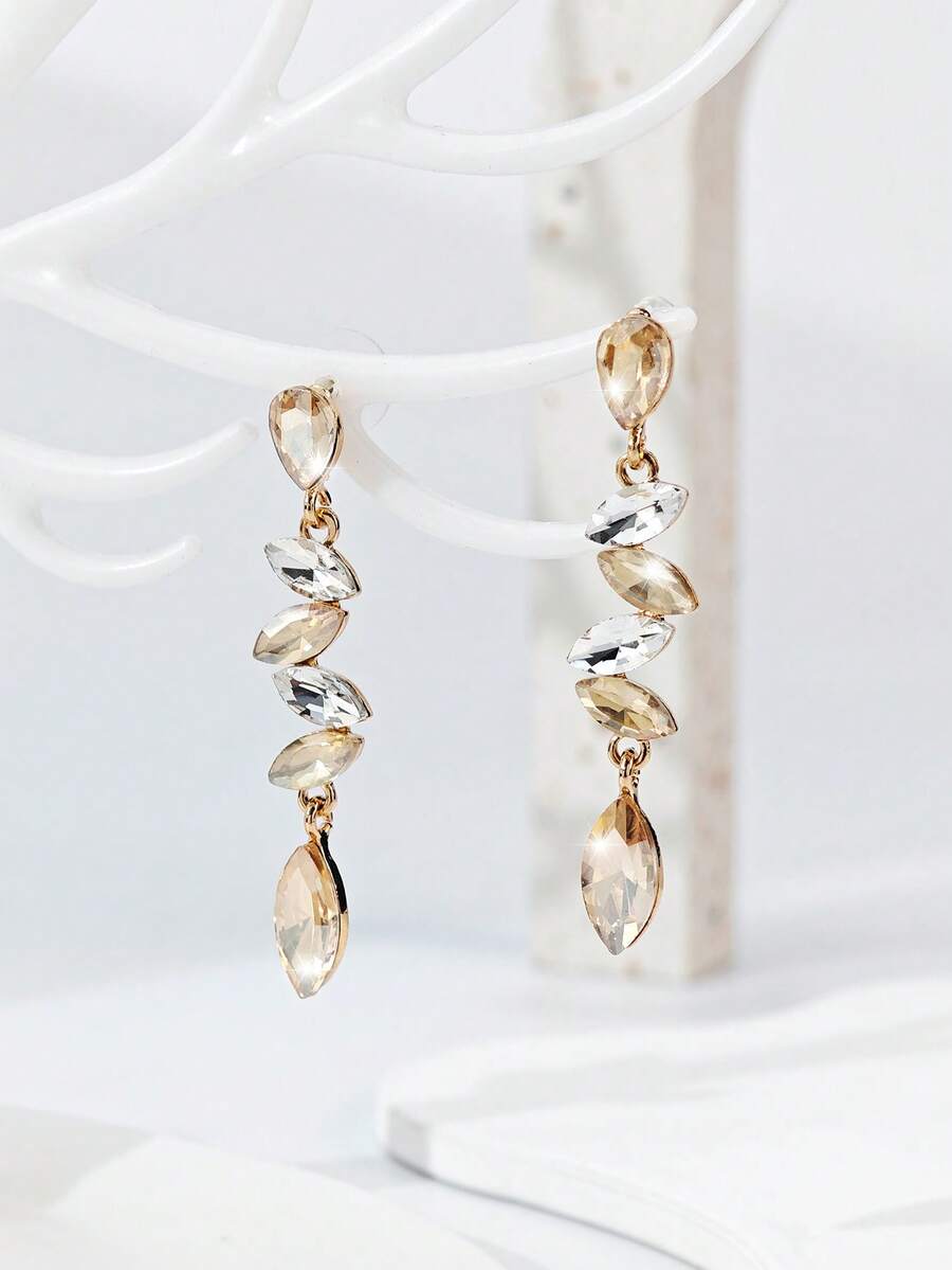 1 Pair Women's Elegant Exquisite Faux Crystal Long Earrings Suitable For Daily Wear (Card For Reference Only, Card Is Random) - Champagne - View 1