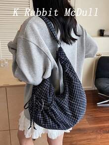 时尚小众设计高品质格子抽绳饺子包，多功能日常通勤单肩斜挎包 - 藍色 - 查看 1