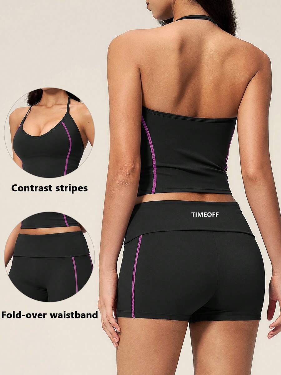 TimeOff Women's One Set Solid Color Adjustable Strap Camisole Tank Top & Wide Leg Mid-Length Shorts Sports Set - Black - View 1