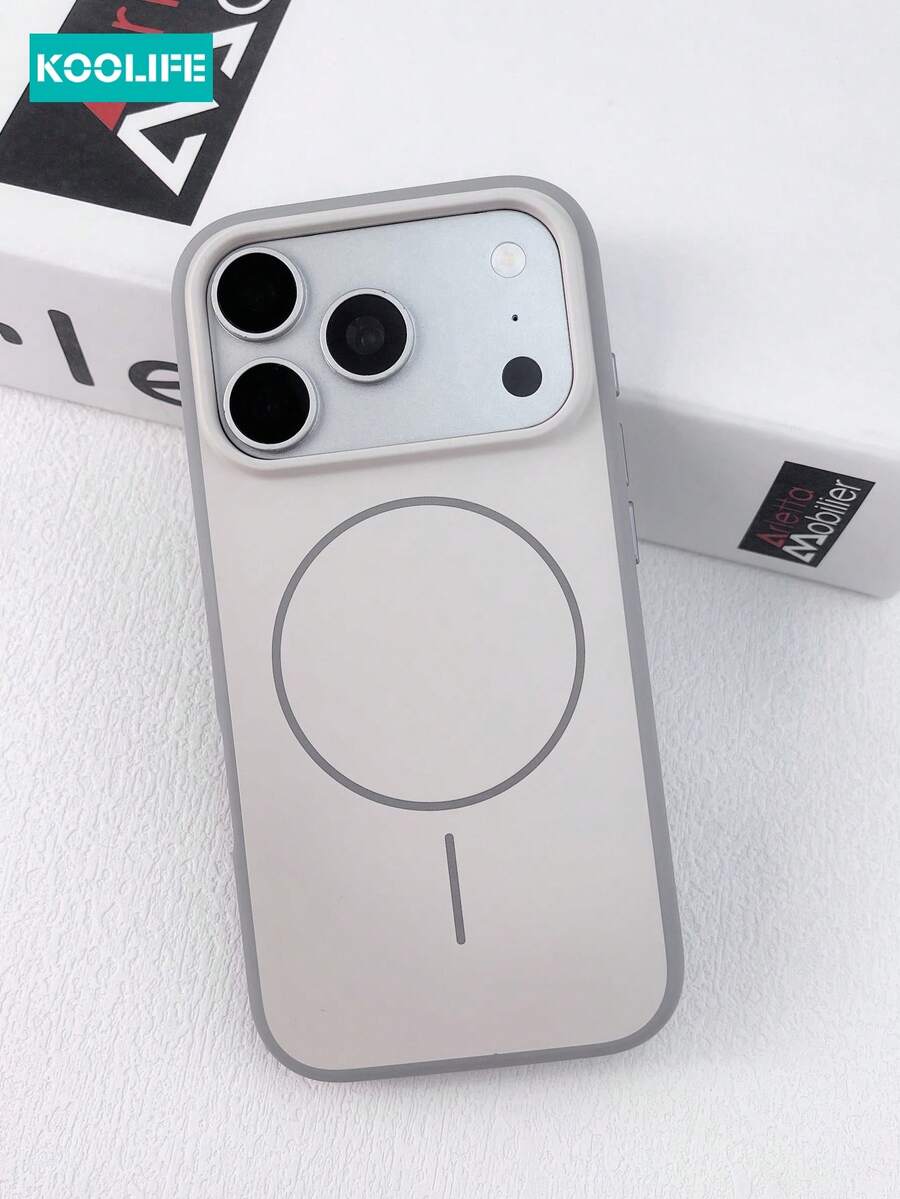 KOOLIFE 1個米白色雙色邊框磁吸 MagSafe 手機殼，極簡純色圓線條印花設計，Ins 熱門美學薄型 PC+TPU 混合外殼，霧面親膚防摔鏡頭保護無線充電背蓋，適用於 Apple 17/17pro/17promax/16/15