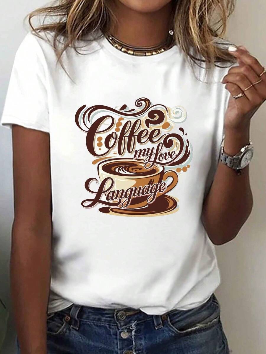 Camiseta Gráfica Divertida para Mujer, Estilo Vintage con Tipografía de Taza de Café, Estilo Retro, Cómoda, Suave, Cuello Redondo, Moda de Verano - Blanco - Ver 1