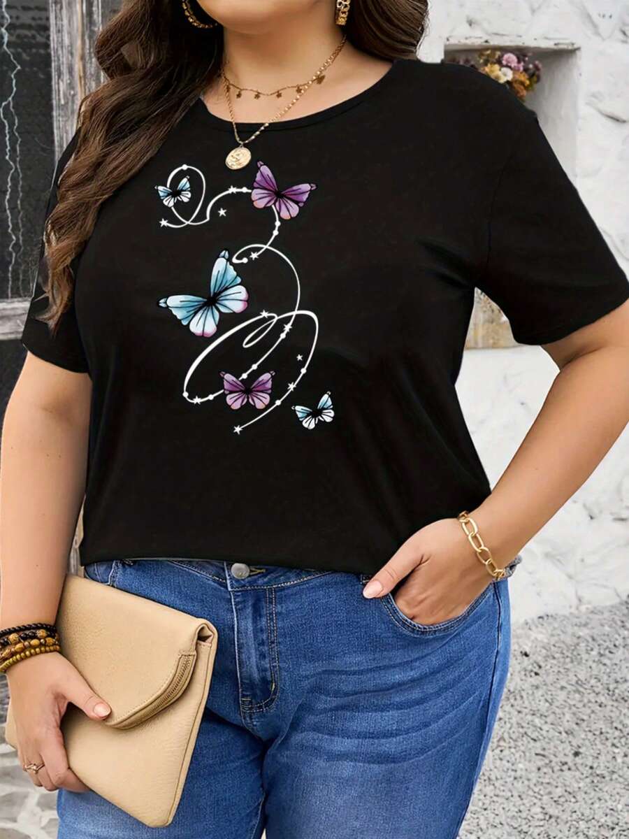 Plus Size, Plus Size T-Shirt With Butterfly Print - Black - View 1