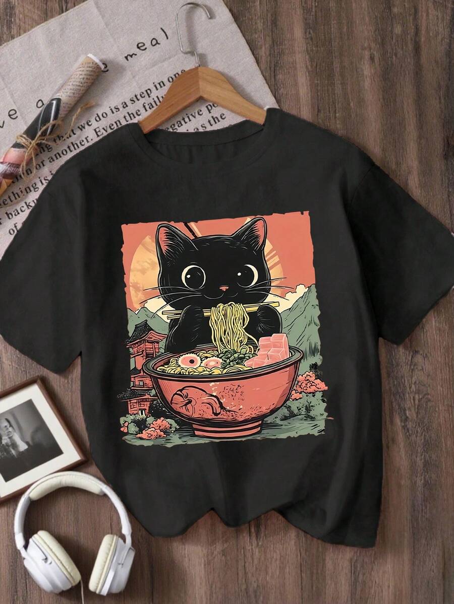 Camiseta de Cuello Redondo Estampada para Niñas - Negro - Ver 1