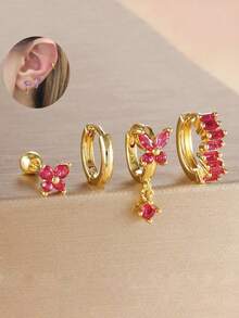 4pcs/Set Cute Butterfly Cubic Zirconia Earrings Set, Women's, 18K Gold Plated, Minimalist Stainless Steel Studs - 4pcs Earrings Set - View 1