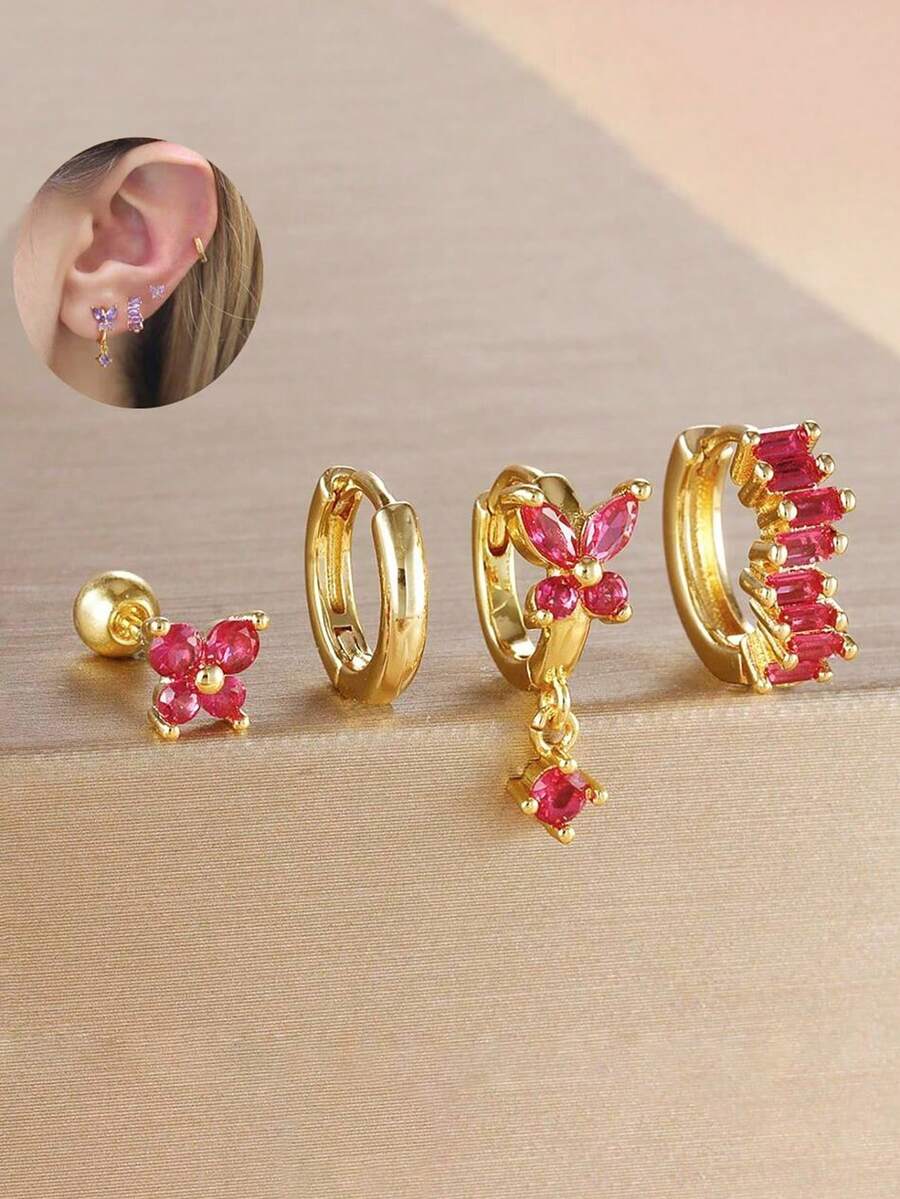 4pcs/Set Cute Butterfly Cubic Zirconia Earrings Set, Women's, 18K Gold Plated, Minimalist Stainless Steel Studs - 4pcs Earrings Set - View 1