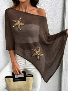 Top de punto con diseño asimétrico estilo capa, estampado de estrella de mar, estilo vacacional, talla grande, verano - Marrón - Ver 5