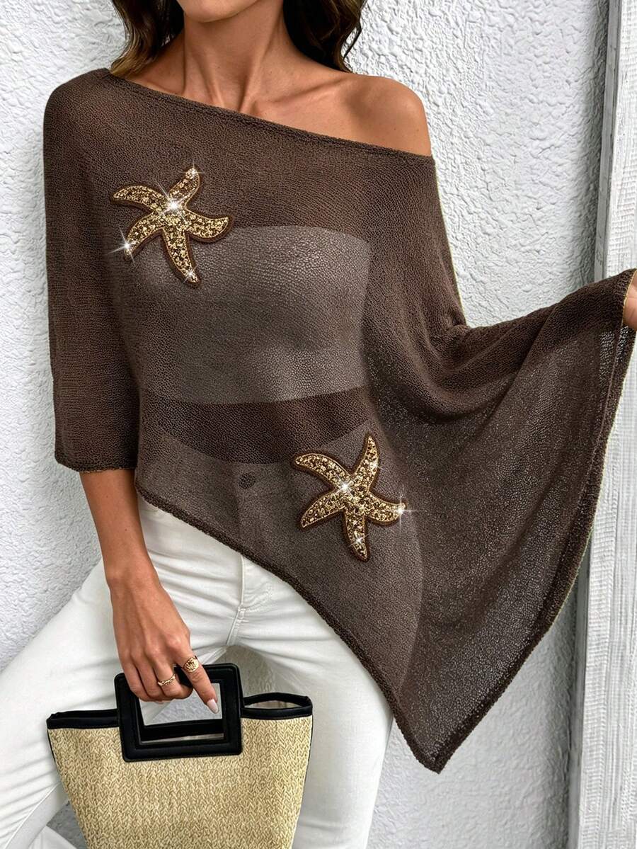 Top de punto con capa de diseño asimétrico, estampado de estrella de mar, estilo vacacional, talla grande, marrón, verano