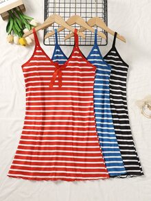 3pcs Women Plus Size Sleepwear, Striped Print, Spaghetti Strap Short Dress, Loose Comfortable Casual Home Dress, Summer Clothing, Summer Women Dress - Multicolor - View 1