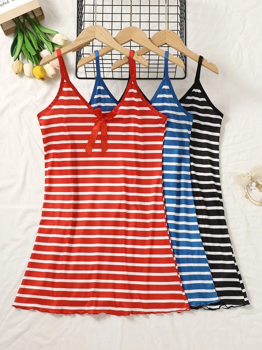 3pcs Women Plus Size Sleepwear, Striped Print, Spaghetti Strap Short Dress, Loose Comfortable Casual Home Dress, Summer Clothing, Summer Women Dress - Multicolor - View 1