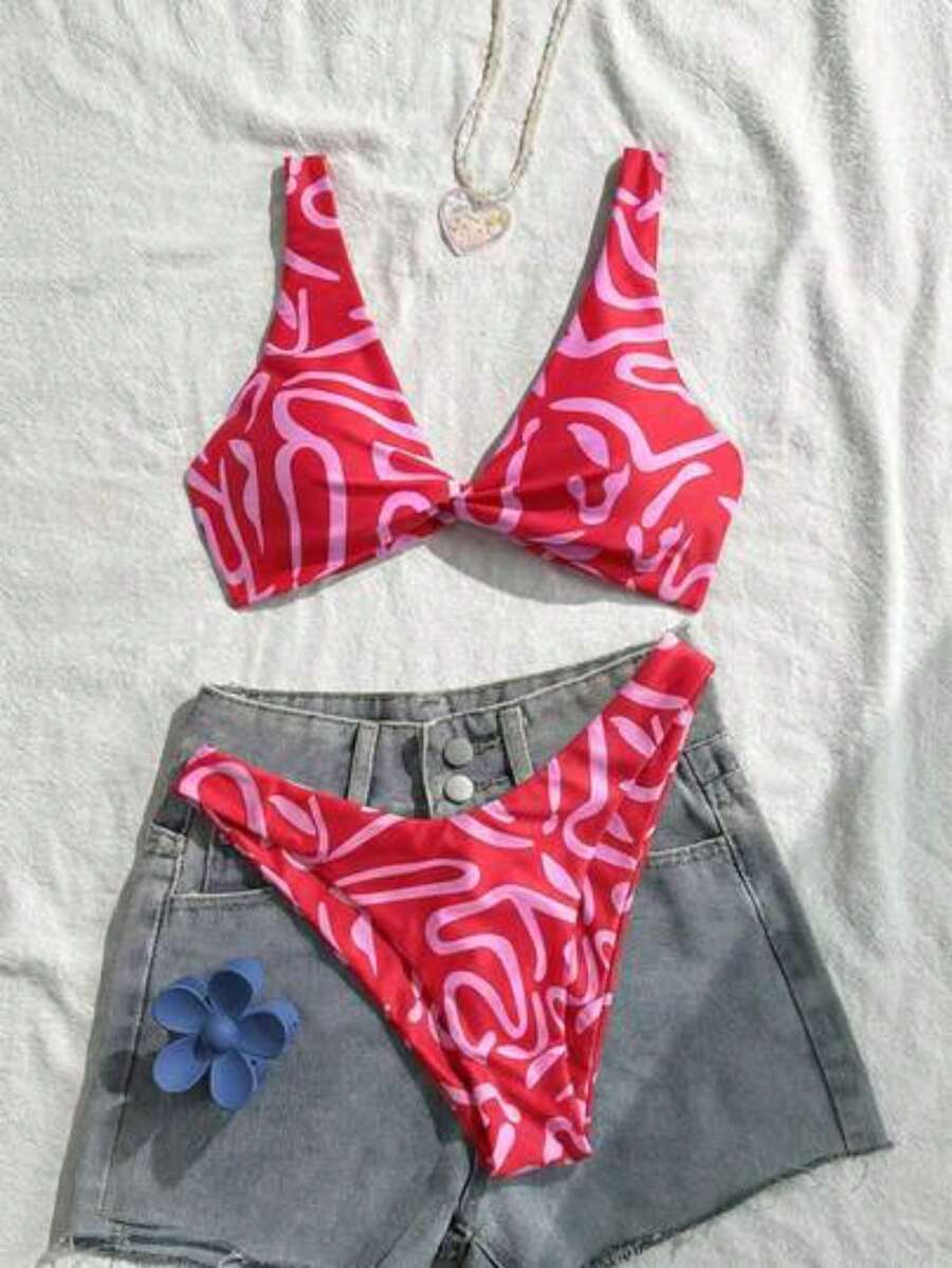 Conjunto de bikini de bandeau con estampado completo y nudo delantero, moda de verano para vacaciones en la playa para mujer - Rosa - Ver 1