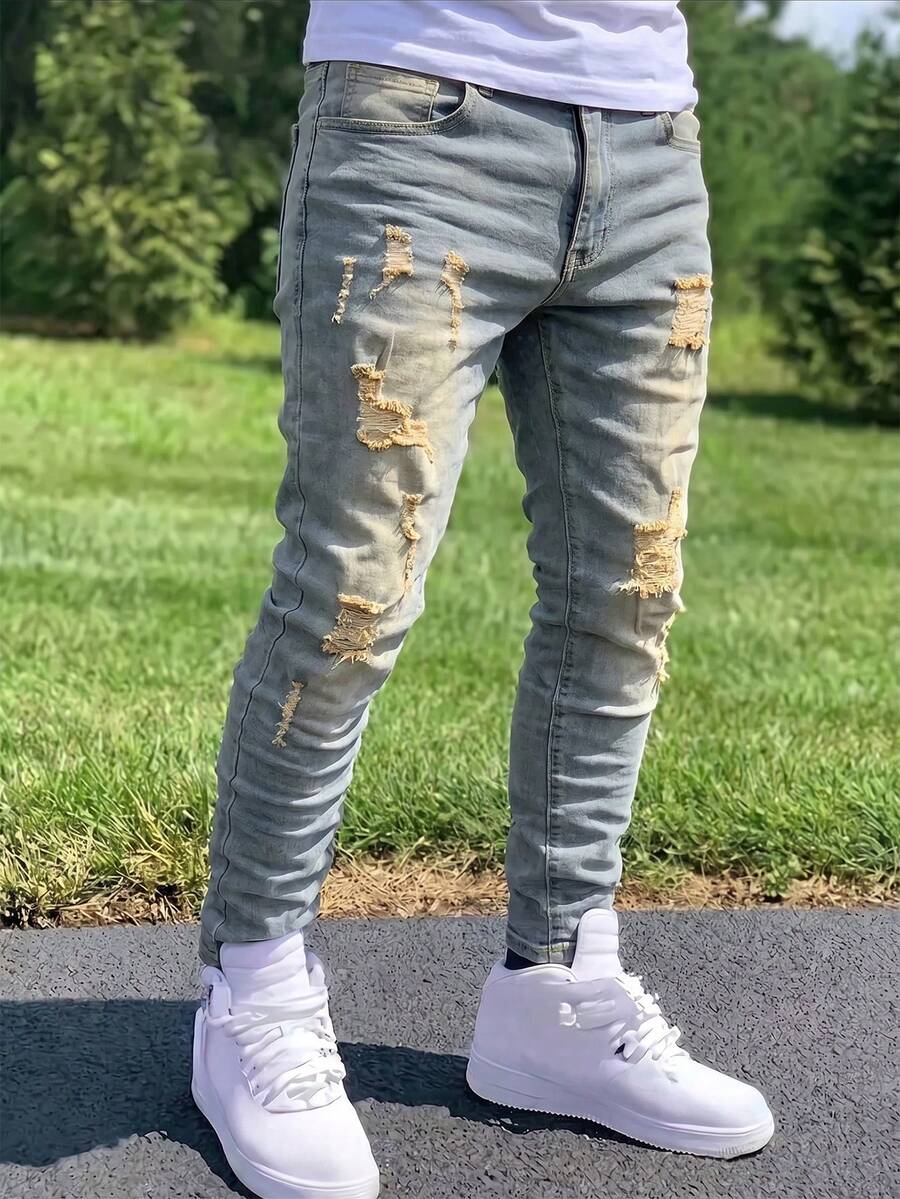 Men's Blue Stretch Slim Fit Distressed Versatile All-Season Jeans, Outdoor Comfortable Casual Workwear Tapered Leg Jeans, Y2K Style