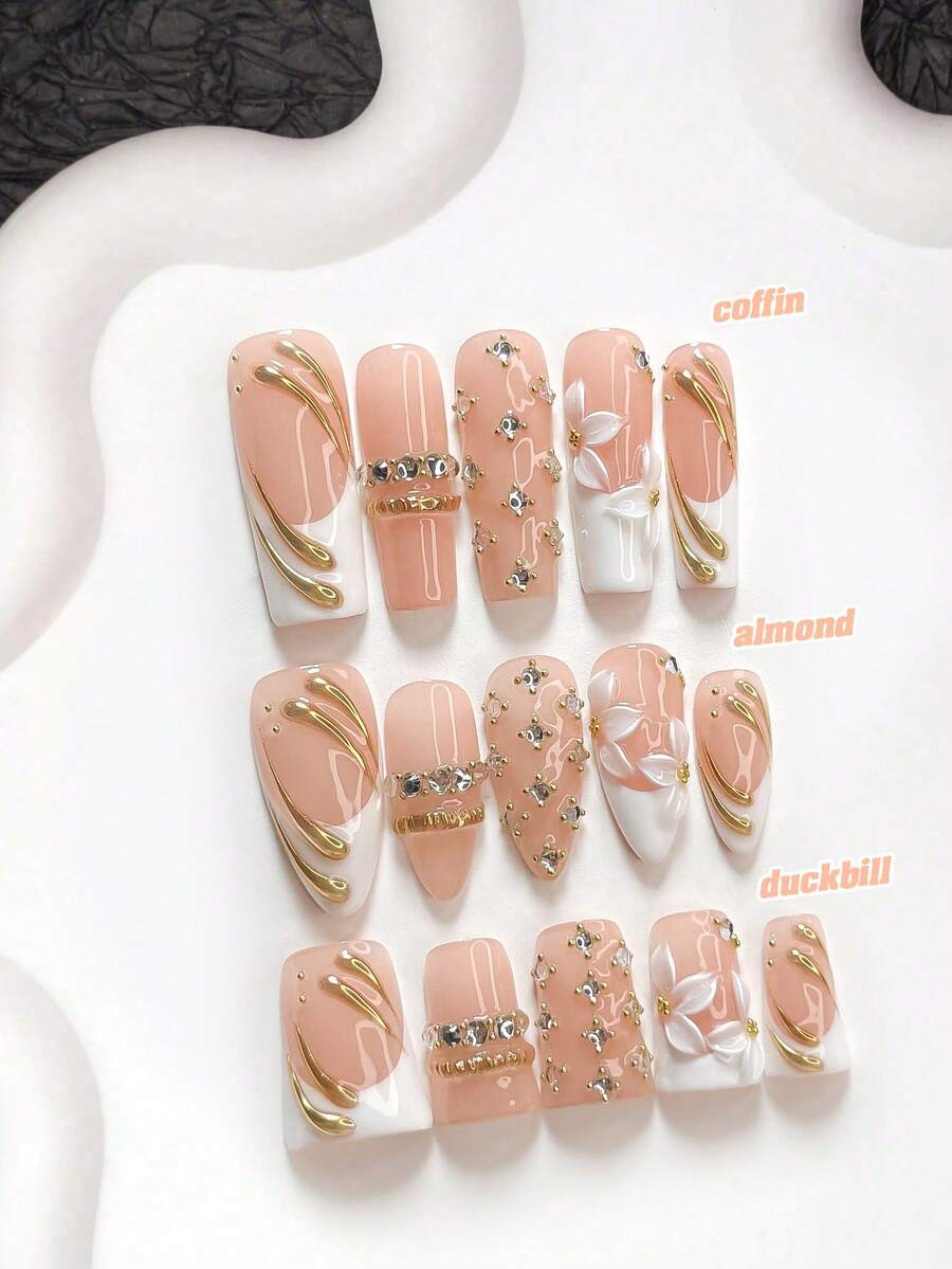 10件裝奢華手工穿戴甲，Polygel美甲套組，花瓣設計，白色指甲油，優雅風格，附美甲工具，3種尺寸可選，杏仁/鴨嘴/棺材形，適合派對、跳舞、日常配戴 - 彩色 - 查看 1