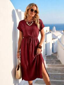 Women's Summer Vacation Burgundy Vertical Striped Textured Round Neck Cinched Waist Double Side Slit Long Sleeve Dress, Women's Vacation Outfit, Women's Elegant Dress, June Festival Women's Clothing, Summer Dress, Women's Casual Dress, Vacationcore - Burgundy - View 5